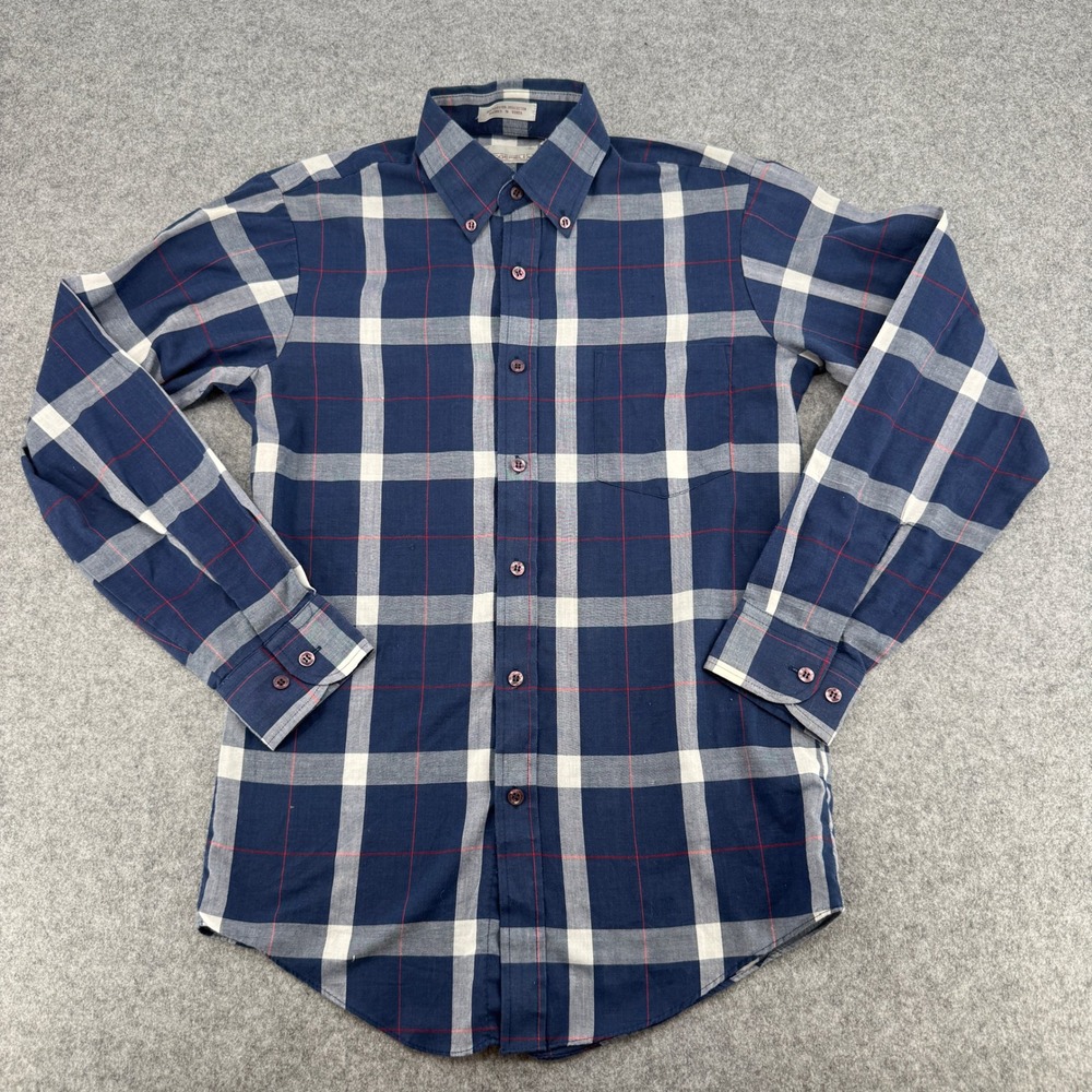 Wedgefield Button-Up Mens S Navy Blue White Red Plaid Button-Down EUC